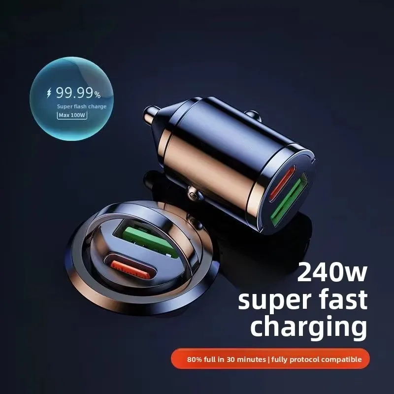 240W Mini Dual USB C Car Charger Fast Charger Compatible with PD QC3.0 SCP for iPhone Huawei Samsung