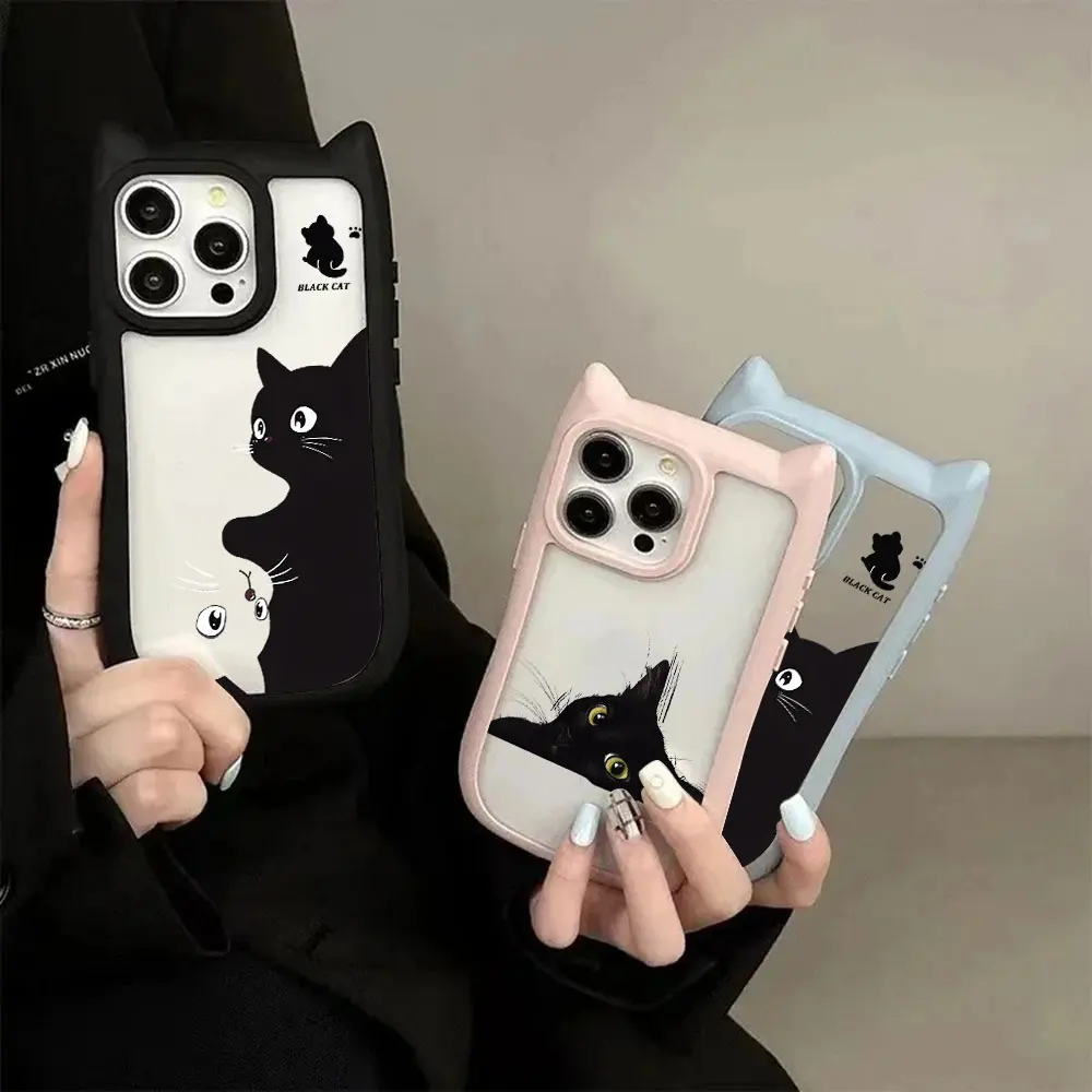 Lovely Black Cat Cute Cat Ear Phone Case For iPhone 16 15 14 13 12 11 Pro Max Transparent Hard Acrylic Soft Silicone Bumper