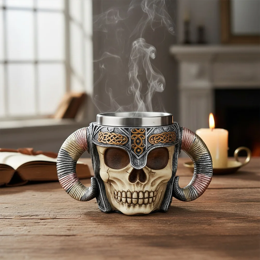 

450ml Skeleton Knight Ram Horn Cup Double Ram Horn Beer Mug Creative Stainless Steel Heat Resistant for Drinks Beer Water