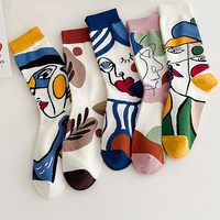 5 Pairs Graffiti Socks Personality Tide Funny Korean Version Mid Tube Couple Socks Harajuku Style Colorful Cute Flower Socks