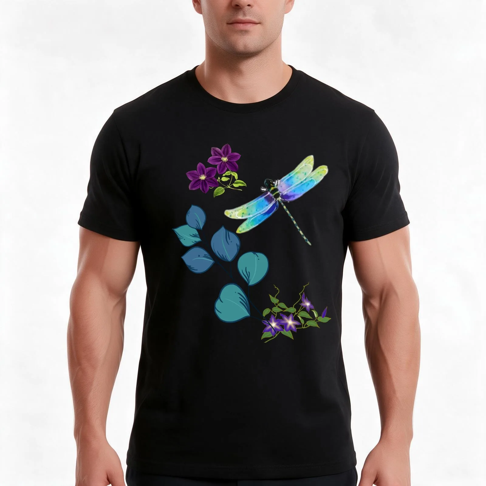 Dragonfly among the flowers T-Shirt Summer Casual Cotton Tee Oversized Streetwear Tops Vintage Graphic Print 100% Cotton
