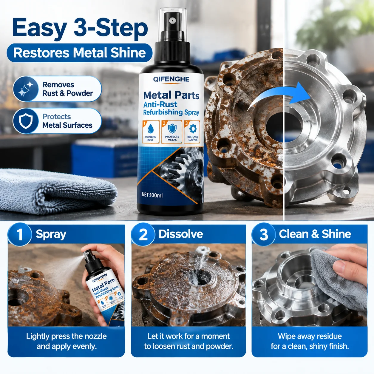 Industrial Strength Rust Dis-solver Spray. Works quickly to eliminate rust, non-abrasive, leaves no residue and creates a lastin