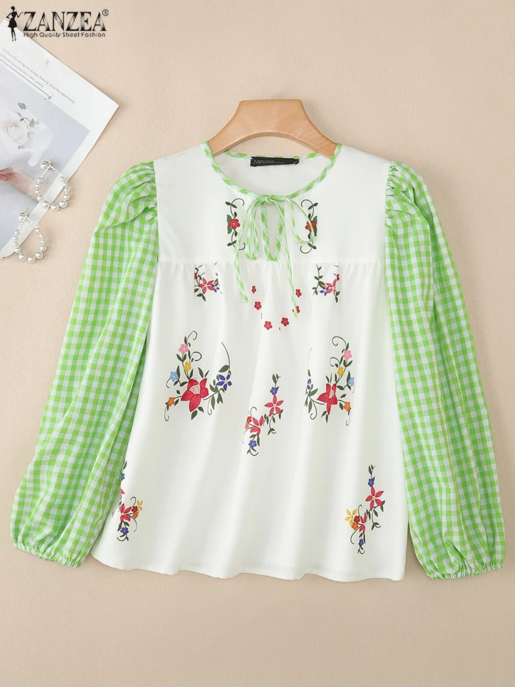 ZANZEA بلوزات نسائية غير رسمية مطبوعة بالورود لخريف 2025 رقبة دائرية وأكمام طويلة منتفخة بلوزات عطلة القماش القطني المرقعة