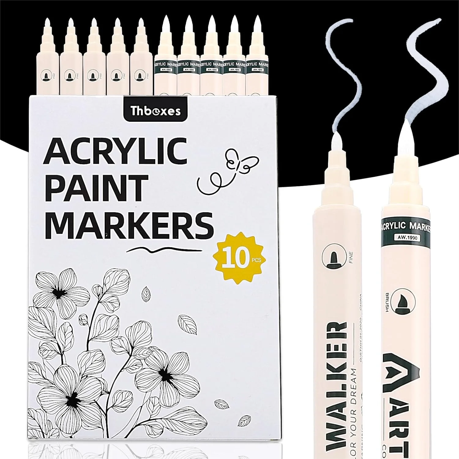 

10 Pack White Paint Markers, Dual-Tip Acrylic Pens Fine and Brush Tip for Fabric Wood Metal Rock Glass Plastic Canvas Art