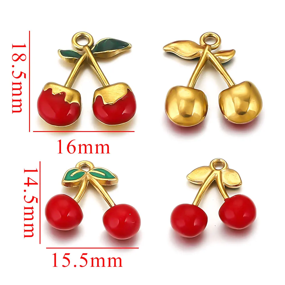 5pcs/lot Stainless Steel Cherry Charm Enamel Gold-plated for DIY Necklace Earring Jewelry Making Accessories Materials Wholesale