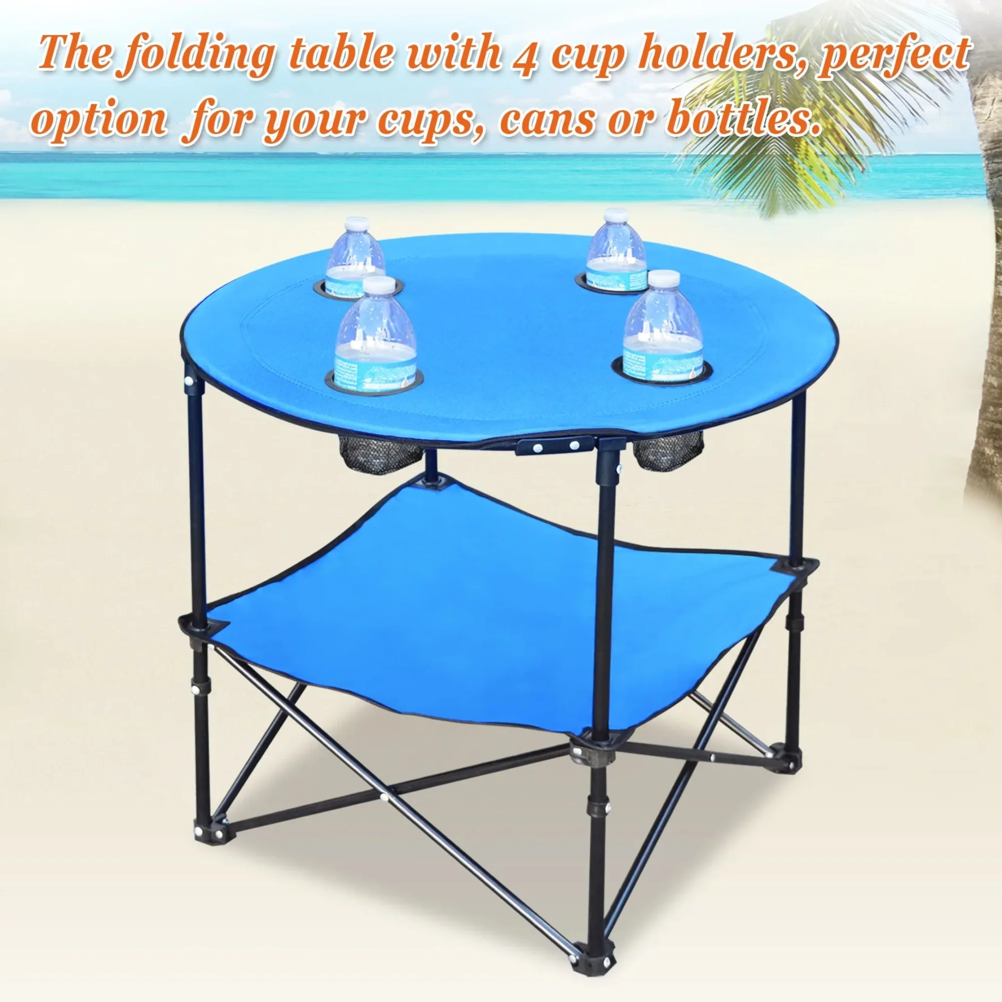 

Folding Picnic Table Dia 27.5" Collapsible Round Table with 4 Cup Holders, Carry Case Included (with Shelf)
