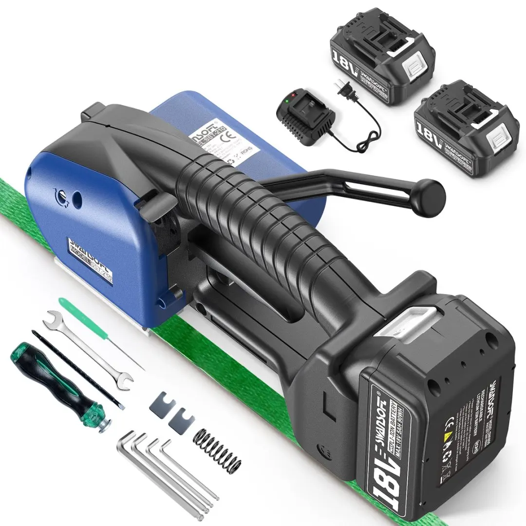 SWANSOFT Elektrische Umreifungsmaschine für PP/PET-Bänder 13-16mm Tragbares Umreifungswerkzeug mit 2 x 5000mAh Akkus Halbautomatisches Umreifungswerkzeug