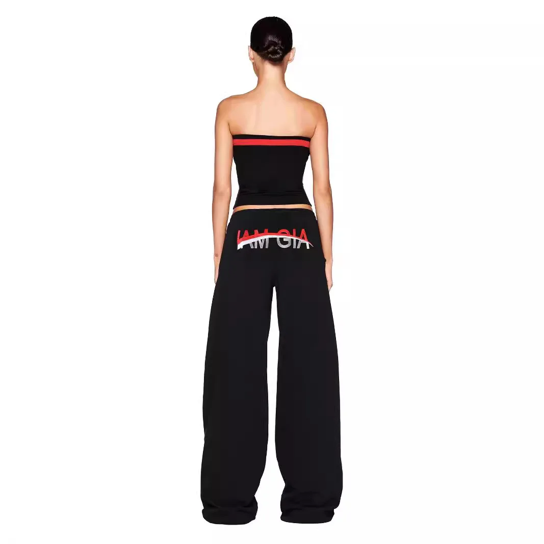 Iamgia Vintage Spice Girl Clash 25SS Sexy Sheath Top Straight Wide Leg Pants Mopped Casual Set