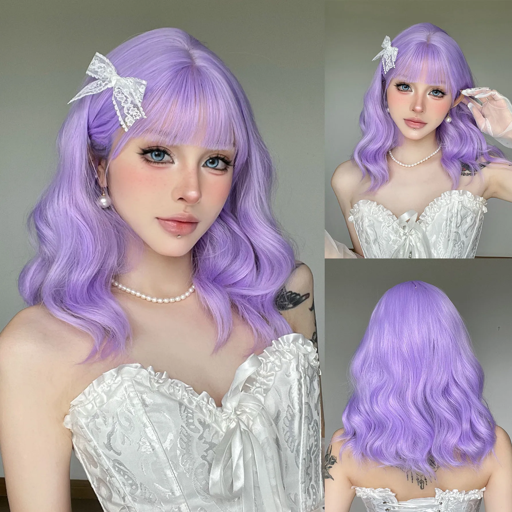 Lavender Purple Wavy Medium Wig Synthetic Hair Flat Bangs Cosplay Daily Party Costume Full Wigs for Women Girls