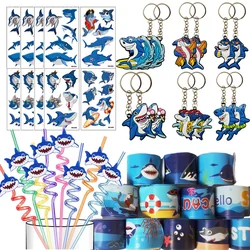 Shark Keychains Shark Straws Shark Slap Bracelets Shark Sticker Under the Sea Party Favors for Kids Sea Birthday Party Supplies