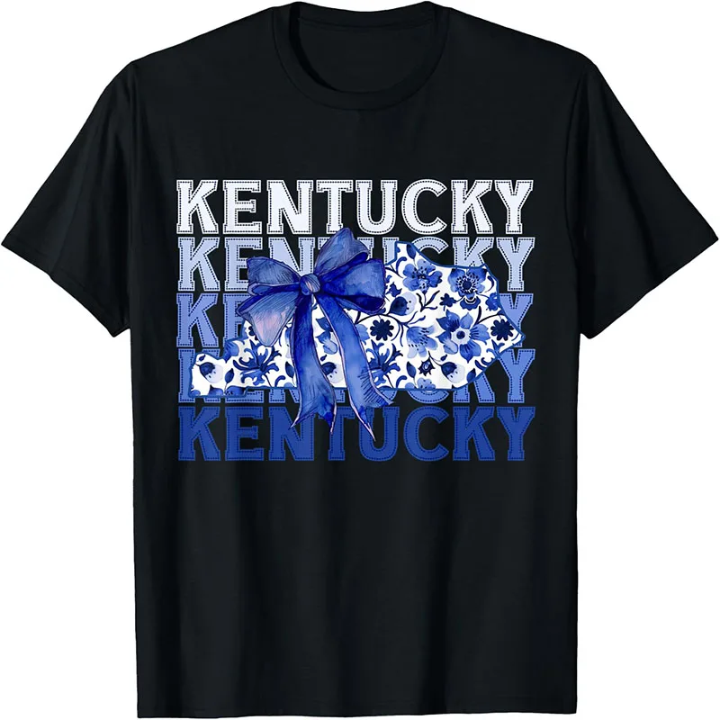Kentucky Coquette Bow Blue Floral State Map Retro Stacked Text Graphic T-Shirt