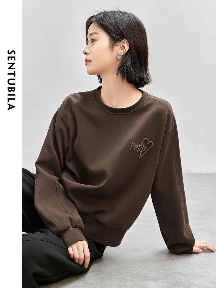 SENTUBILA Letter Embroidered Cotton Sweatshirts for Women 2024 Autumn O Neck Simple Loose Casual Simple Pullover Top 143A56423