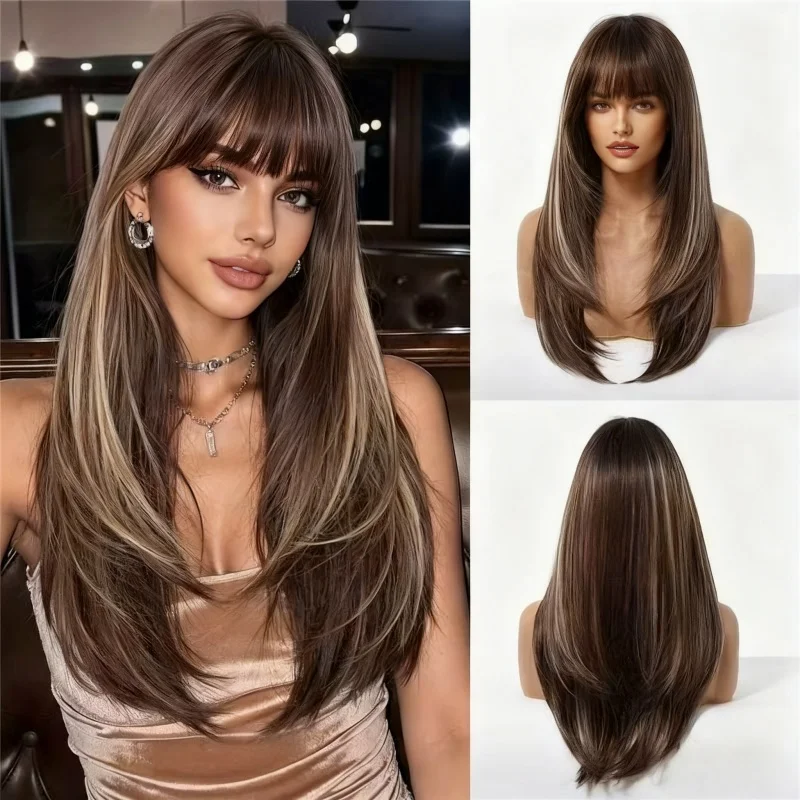 オンブルブラウンブラックハイライトロングストレート合成かつら前髪付きコスプレウィッグ女性用高温ナチュラルフェイクヘア