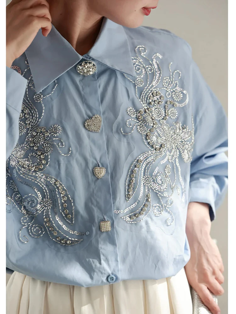 

Heavy Nail Beaded Female OL Shirts Exquisite Buttons Long Sleeve Blouse Fashion Casual Oversize Tops Shirts 2024 New Blue Shirts