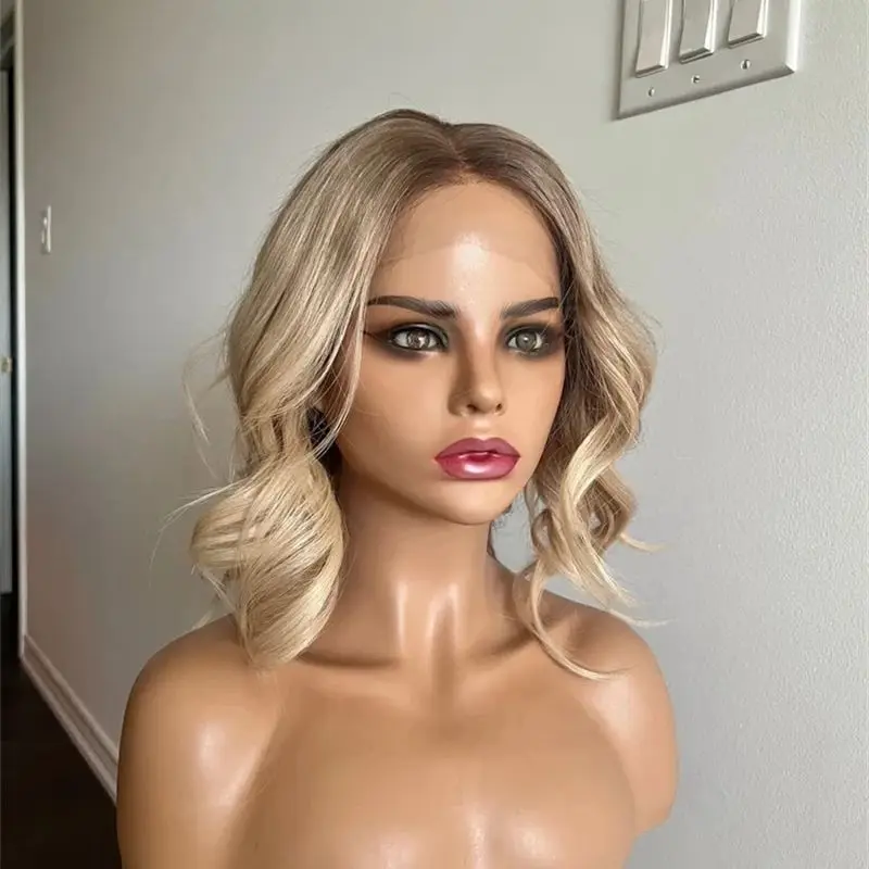 High Quality Wig 13x4 Ombre Creamy Ash Blonde Highlights Synthetic HD Lace Front Wig Glueless Preplucked Hairline Short Wave Bob