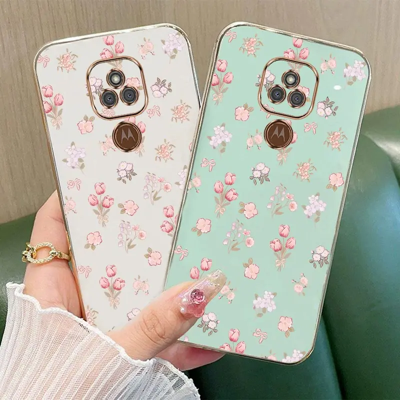 E7Plus Tender Tulips Luxury Crashworthiness Silica  Plating Phone Case For Motorola Moto E7Plus Cover