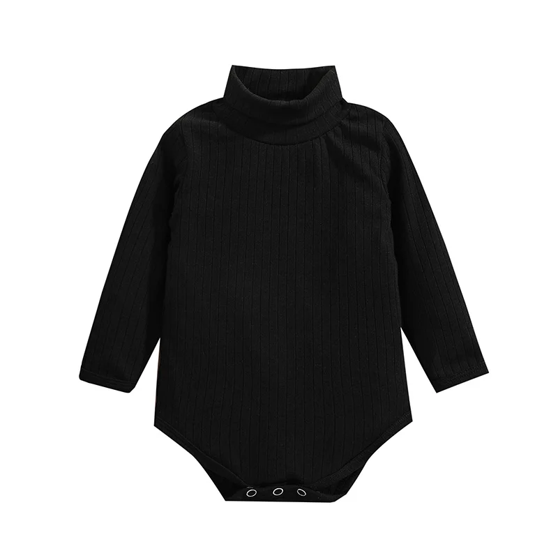 Pudcoco Infant Newborn Baby Girls Autumn Knit Romper Infant Black Long Sleeve Turtleneck Ribbed Playsuit 0-24M