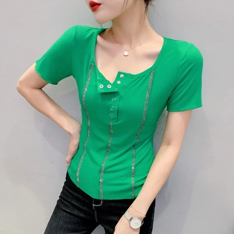 

#5646 T Shirt Short Sleeve Woman Solid Color Diamonds Button O-Neck Summer Skinny Sexy Short T-shirt Women Slim Tee Shirt Femme