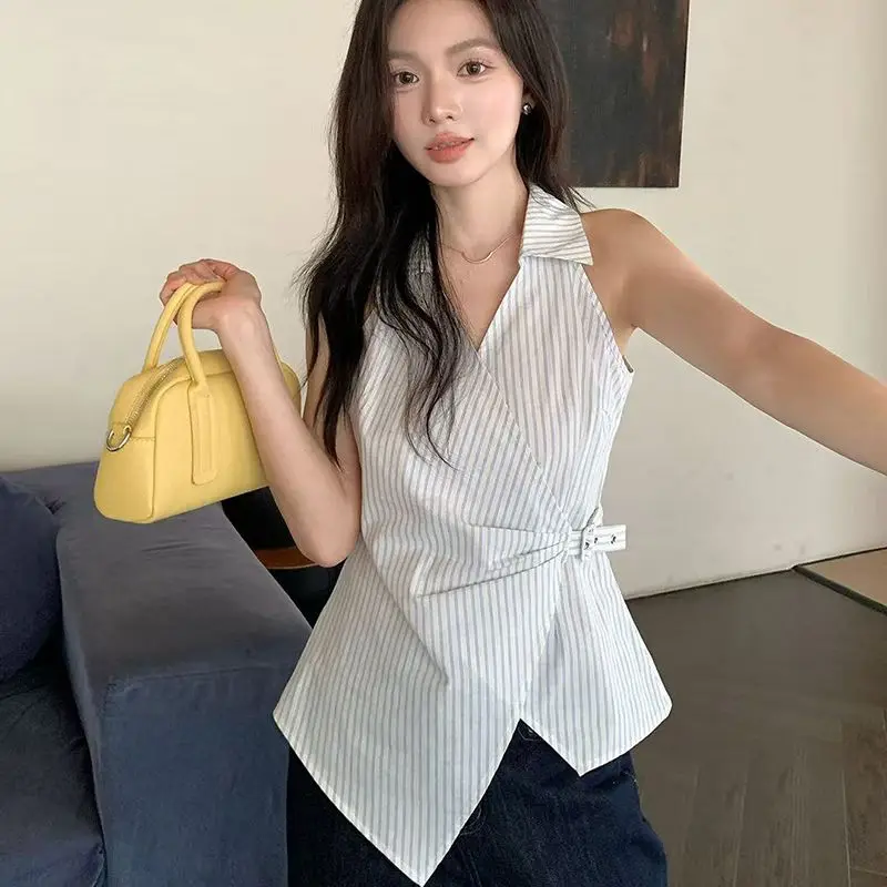 

Korean Summer Striped V-neck Off-shoulder Sleeveless Shirt Vest Women with Straps and Waist Asymmetric Tops