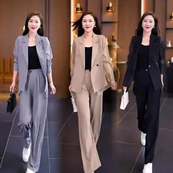 Women Business Suit Turn-down Collar Wide Leg Formal Blazer Coat Pants Set Long Mesh Sleeve High Waist Spring Single Button Suit