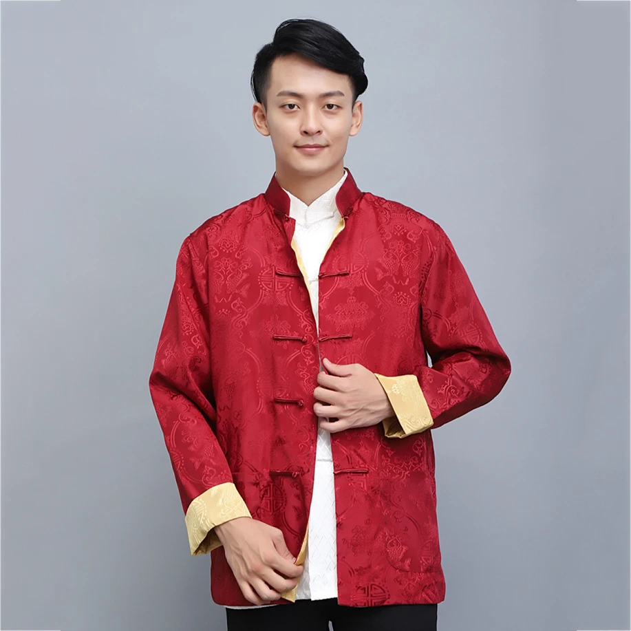 Large Size Chinese Traditional Tang Suit Men Jacket Coat Exquisite Jacquard Stand-Up Collar Long-Sleeved Shirt Spring Satin Tops