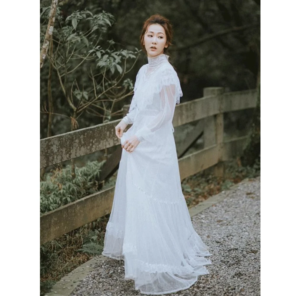 فستان نسائي طويل الأكمام من الفيكتوري من العصور الوسطى ، فستان زفاف مع الحجاب ، ثوب زفاف ، رقبة عالية ، تول ، زي خشبة ، أبيض