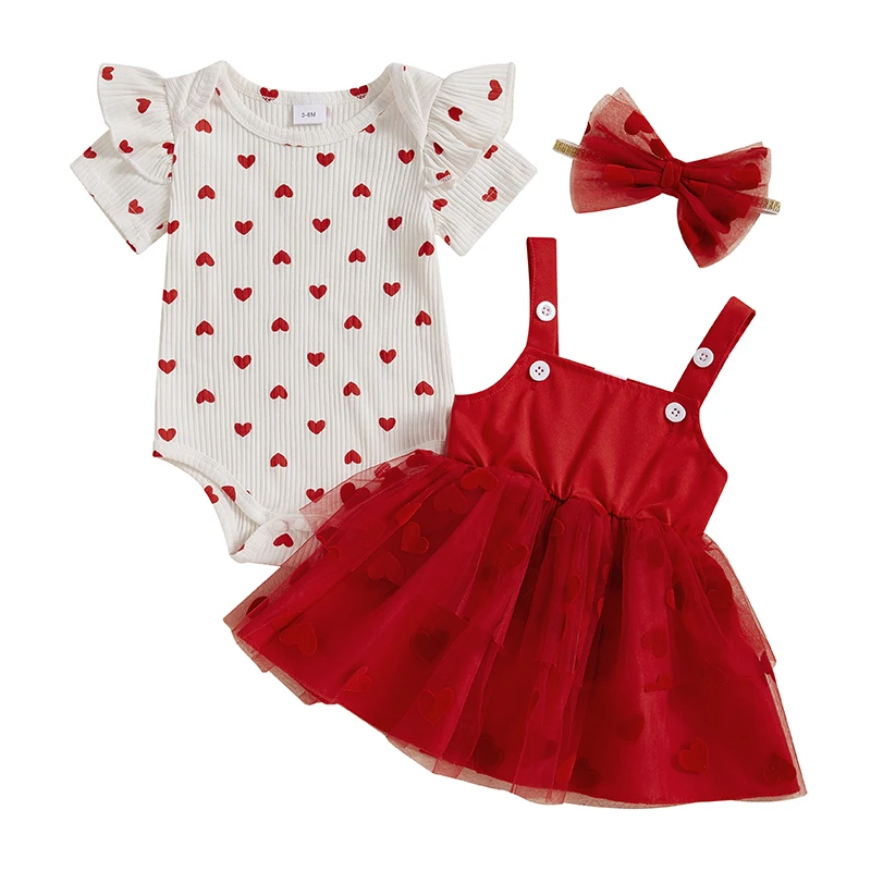 FOCUSNORM 3pcs Lovely Baby Girls Valentine’s Day Clothes Set Short Sleeve Heart Print Romper Lace Tulle Suspender Skirt Headband