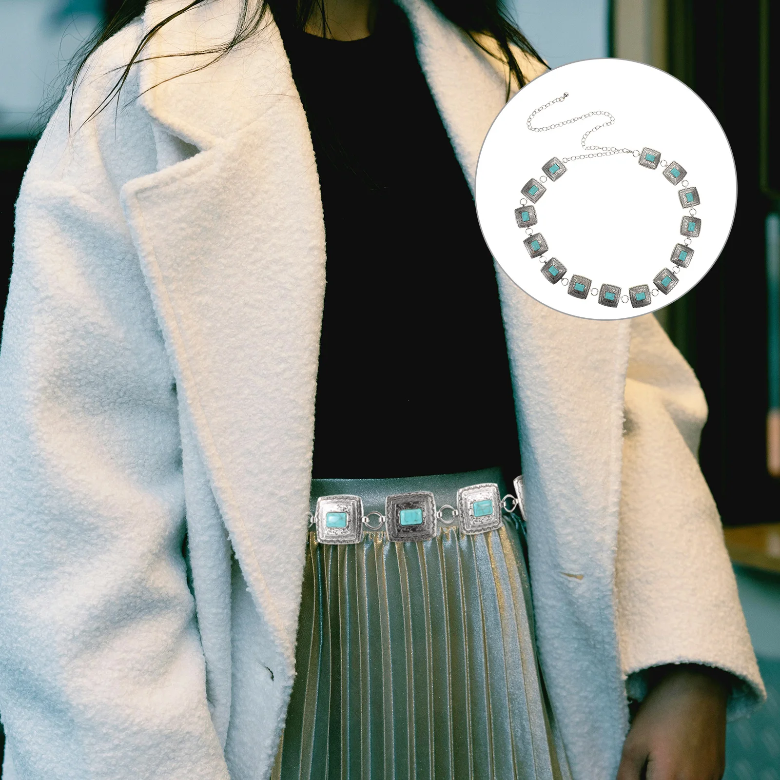 

14pcs Vintage Waist Chain Belt Adjustable Turquoise Boho Belly Chain For Women Western Cowgirl Metal Body Jewelry Summer Outfit