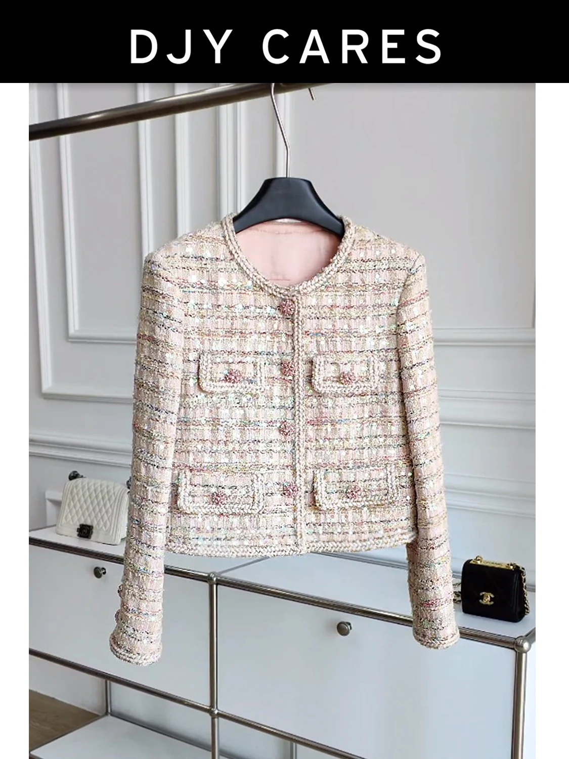 

New Coarse tweed high-end three-dimensional sequin iridescent coat sweet top
