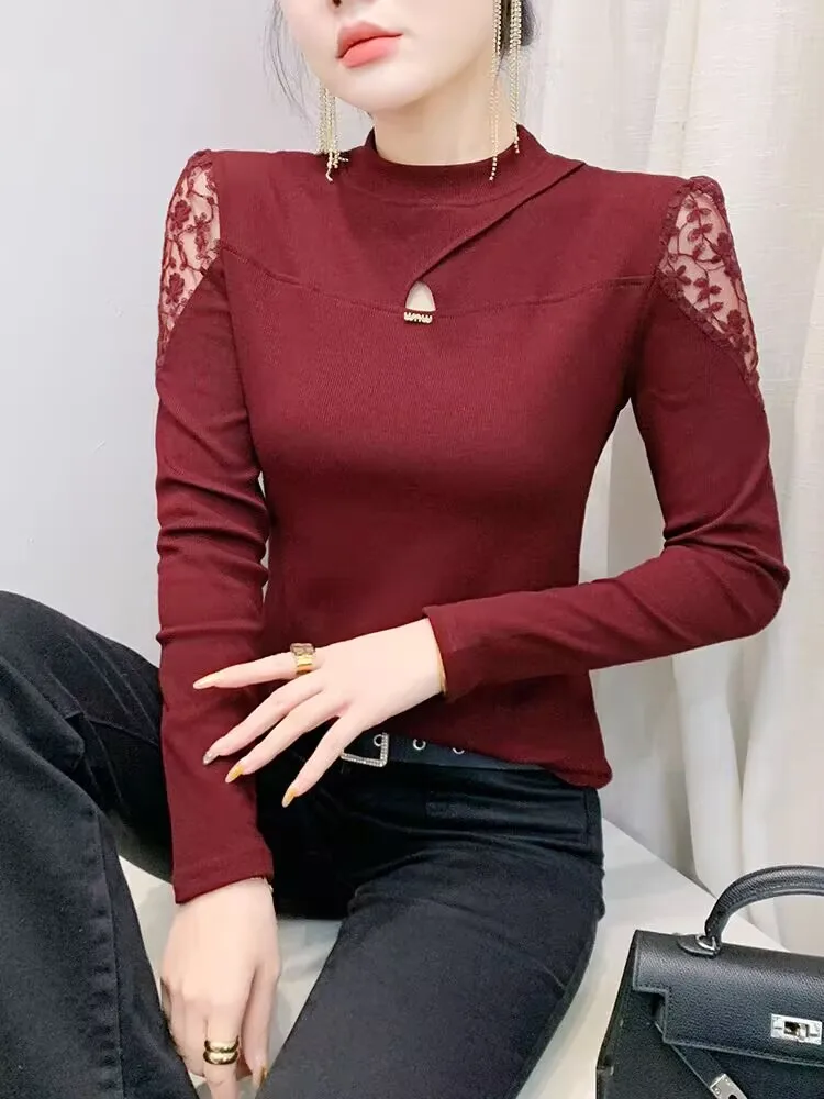 

2025 Elegant S-4XL Female Spring Summer Woman Pullover T-shirt O-neck Slim Solid Splicing Lace Hollow Out Cotton Simple