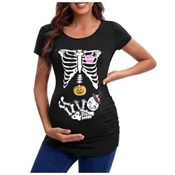 Halloween Ghost Pumpkins Maternity Costume Round Neck Short Sleeves Maternal T-Shirt Funny Cute Skeleton Baby Graphic T-Shirt