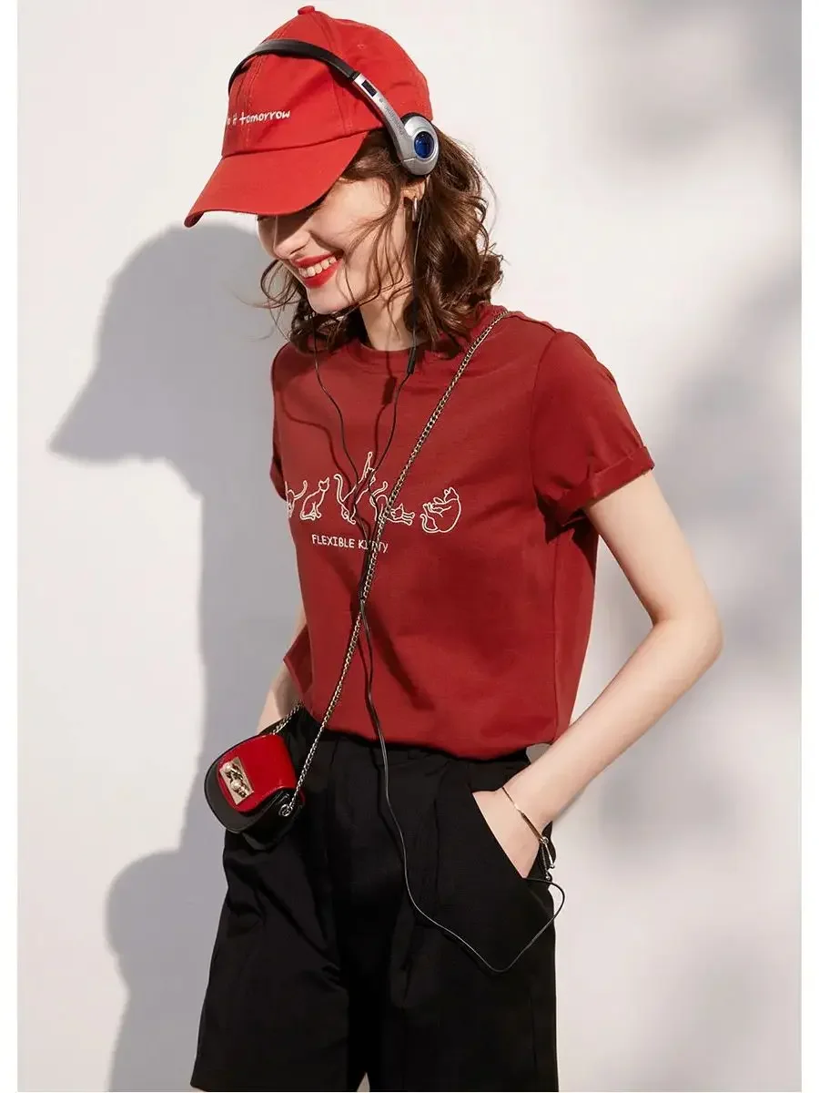 LOUIS YAO Women T-shirt 2024 Summer Top Round Neck Short Sleeve Embroidery Cat Casual Apricot Red White Tee Women's Top