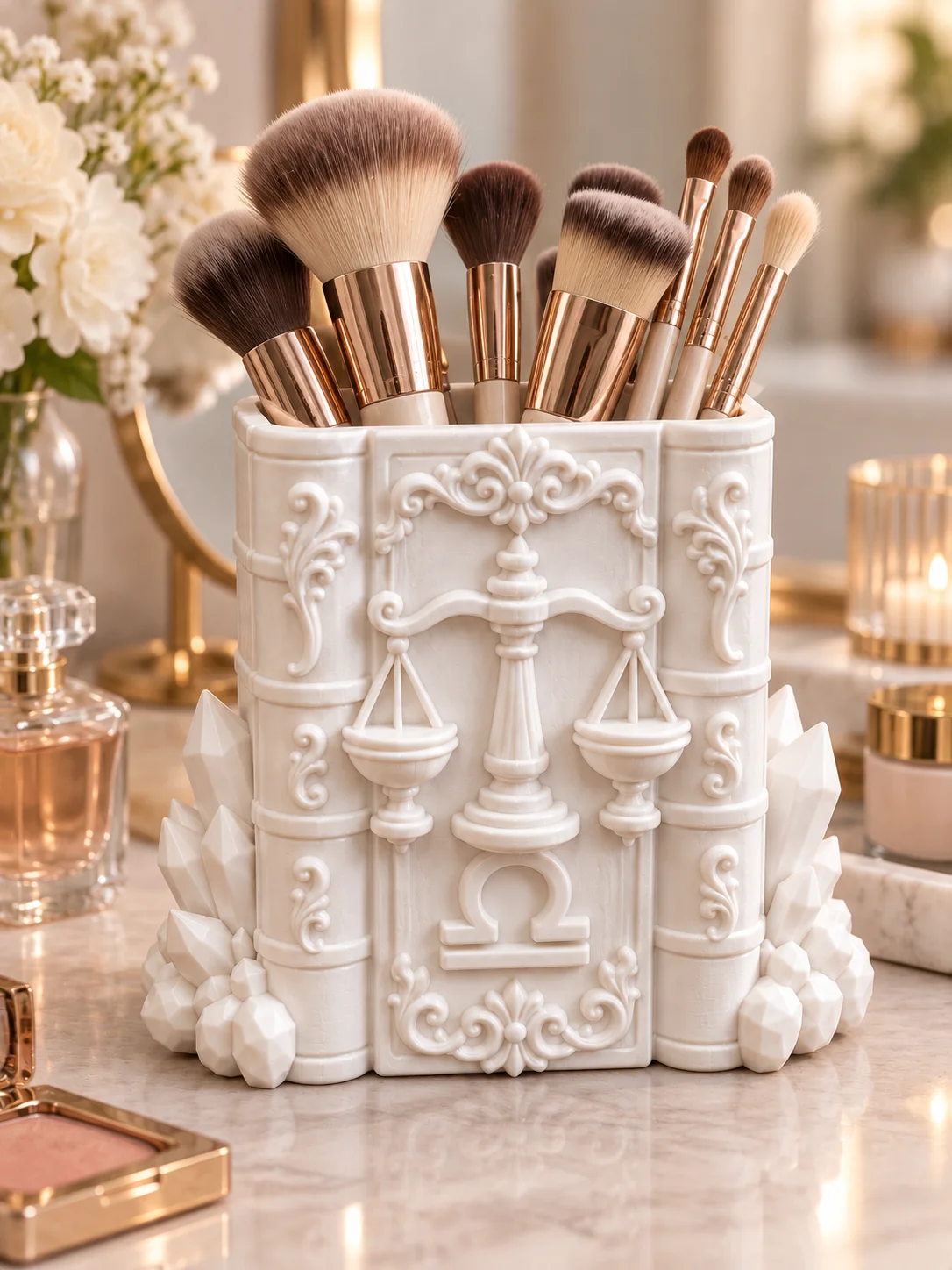Libra Zodiac Theme Creative Desktop Pen Holder, Justice Scale Book-Shaped Baroque Ornate Swirl Pattern Embossed Crystal Decor Matte White Stationery Organizer, Chic and Elegant French Retro Desktop Decor, Embossed Engraving Large Capacity Durable, Housewarming Birthday Gift, Creative Gift for Office Colleagues, Students, and Best Friends