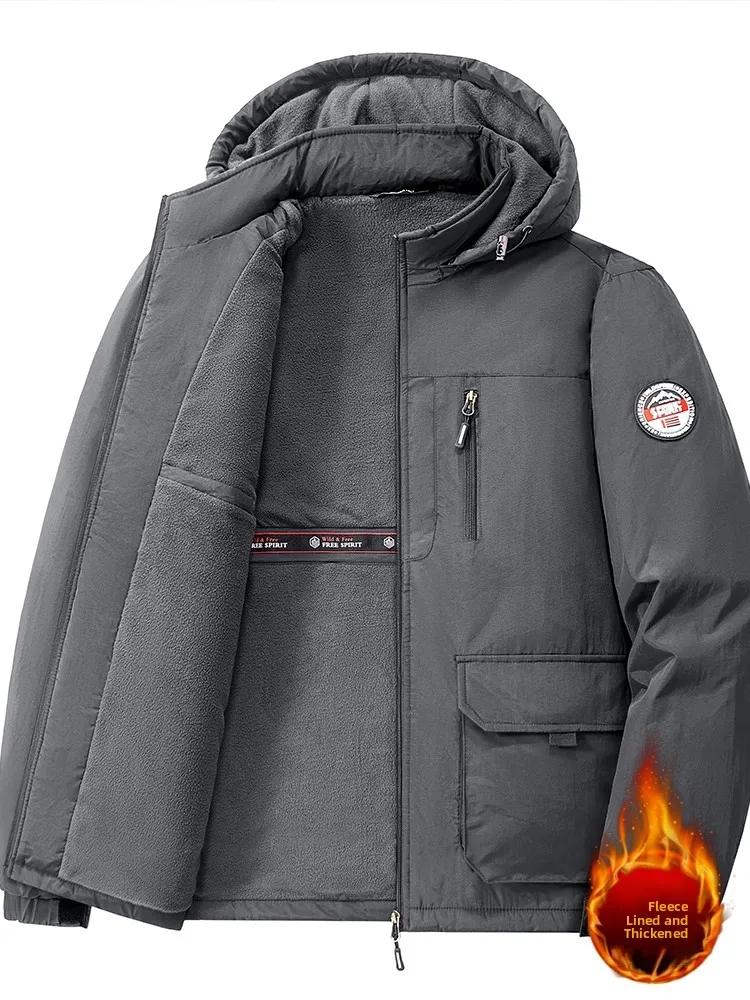 

Мужская утепленная флисовая куртка с капюшоном для активного отдыха, зимняя теплая нейлоновая куртка приталенного кроя на молнии, цветная рабочая одежда