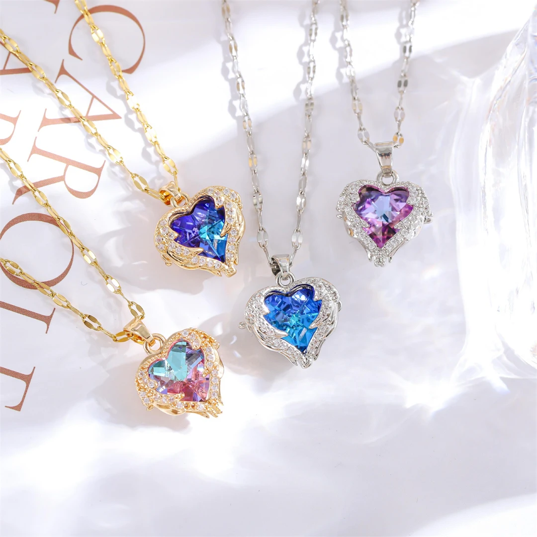 Luxury Colorful Crystal Ocean Heart Pendant Necklace For Women Korean Fashion Stainless Steel Neck Chain Female Wedding Jewelry