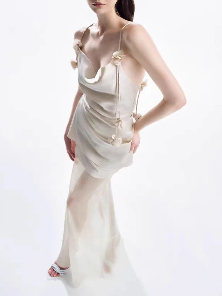 TWOTWINSTYLE Slimming Sheer Spliced 3D Flower Sexy Dresses for Women Square Neck Sleeveless Backless Vintage Dress Female New