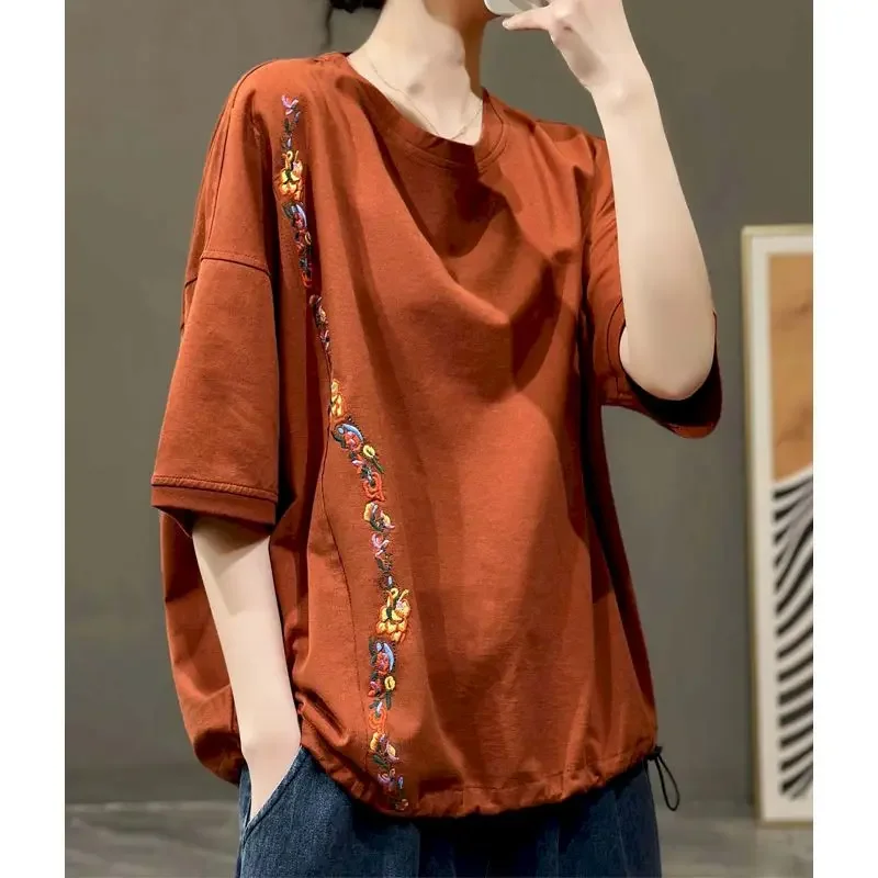 Oversized T Shirts Women Fashion Embroidery Bottom Drawstring T-shirt Korean Style Casual Loose Tops Summer Trend Tshirt Y2k