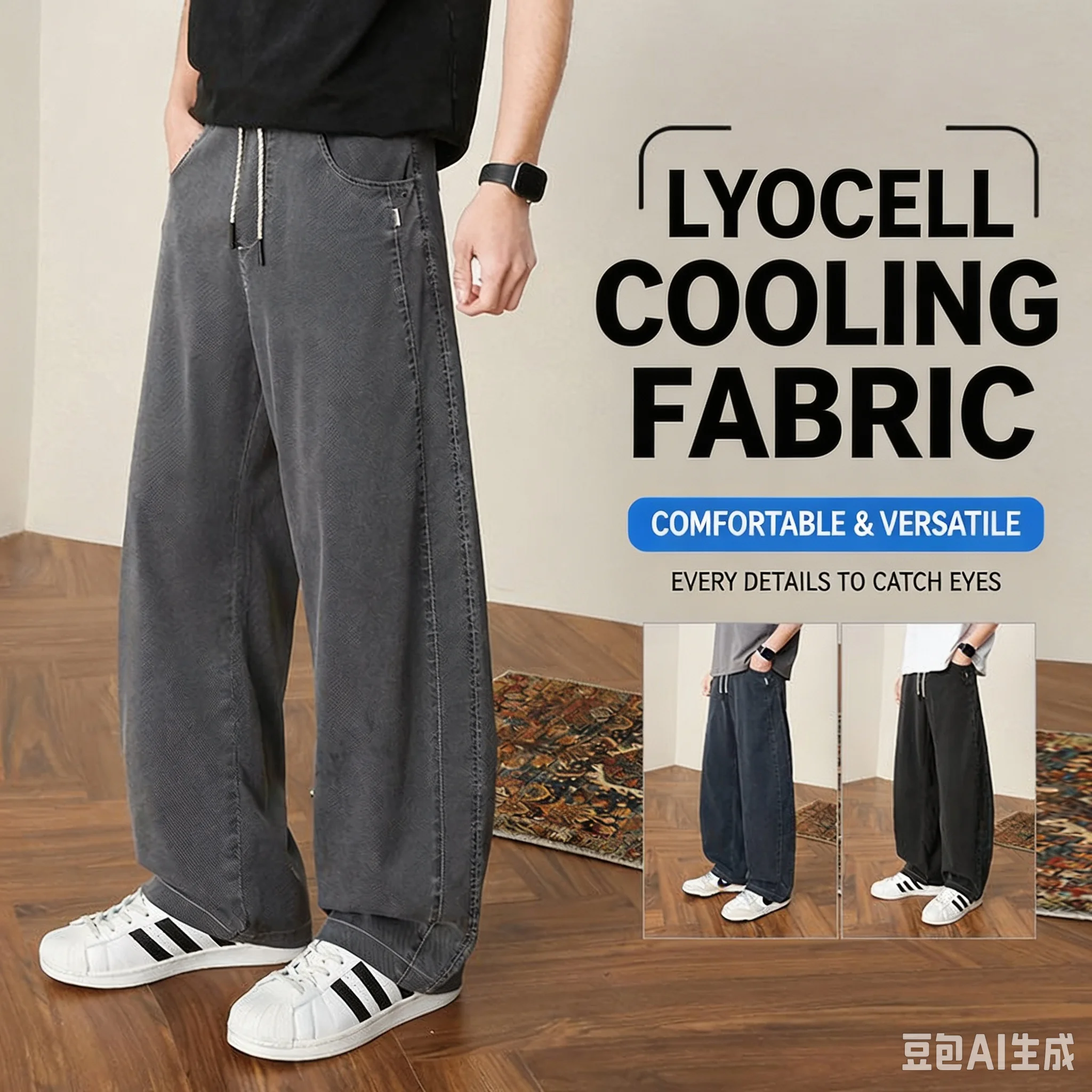 2026 Summer Lyocell Men's Wide Leg Casual Pants Drawstring Elastic Waist Loose Straight Trousers Lightweight Breathable Streetwe