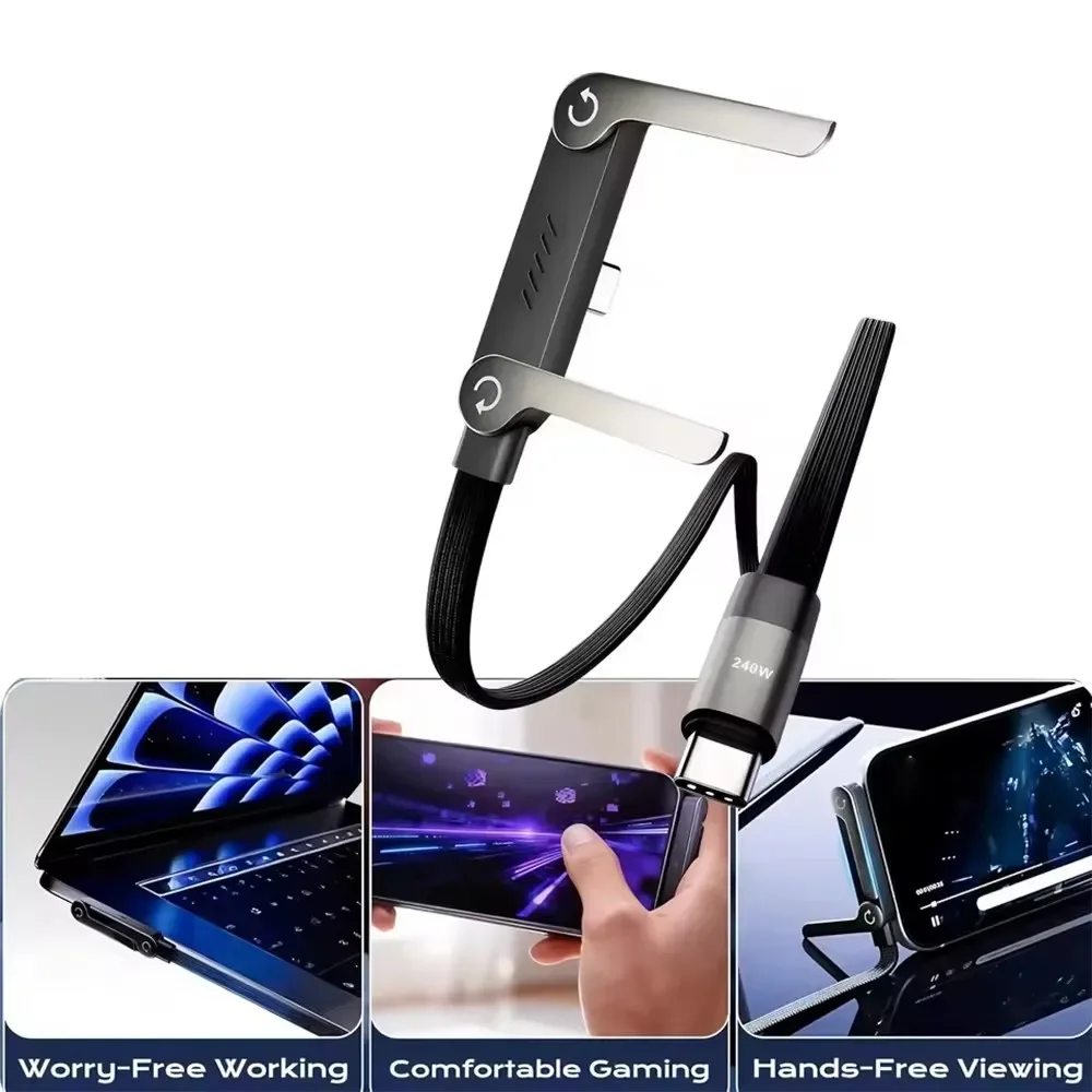 240W USB C Cable 2 in 1 Fast Charging Foldable Phone Holder Data Cable Type C Cord for Huawei Xiaomi 17 16 Samsung