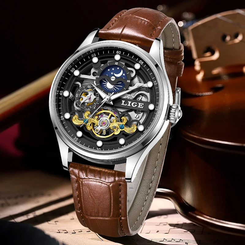 LIGE Hollow Mechanical Wristwatch for Men Fashion Leather Waterproof Watch Men Casual Business Luminous Automatic Men's Watches
