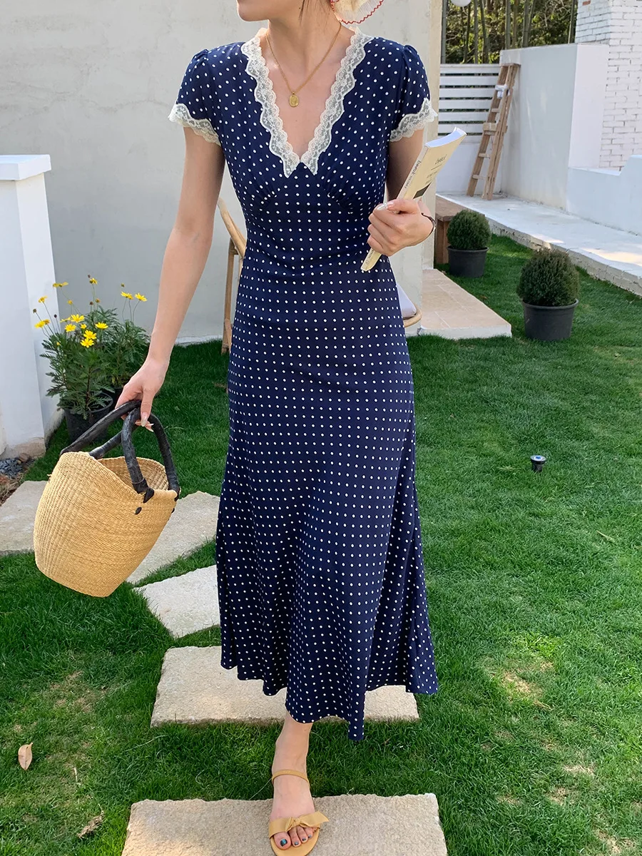 

Spring and summer women's casual polka dot print V-neck short sleeved lace patchwork slim fit dress