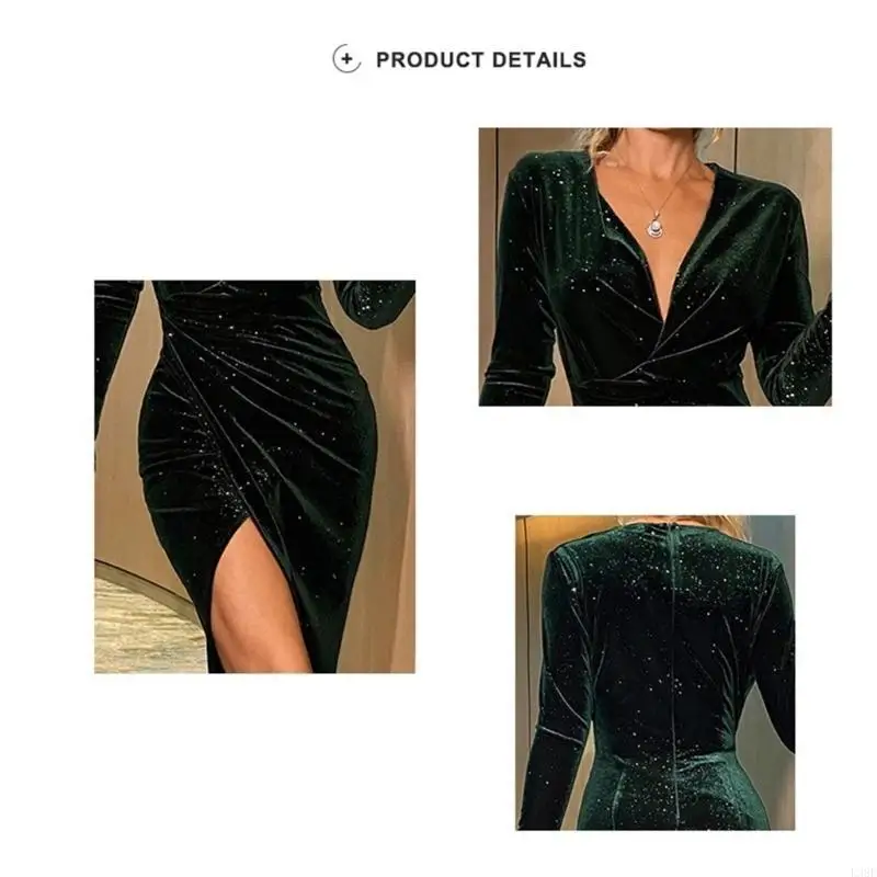 L38E Womens Wrap Split Elegant Bodycon Ruched Party Midi Dress Long Sleeve Thigh Maxi Dress Ruched Wrap Hem Cocktail Dresses