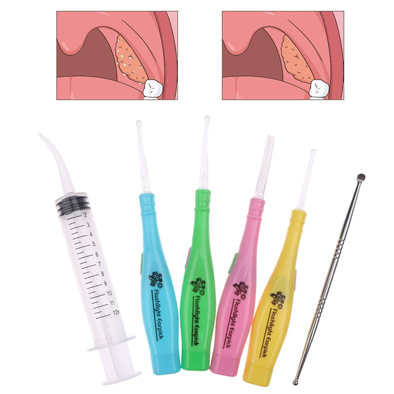 Tonsil Stone Remover Tools Led Light Ear Wax Remover Stainless Steel Earpick With Tips Irrigator Syringe Clean Care Tool