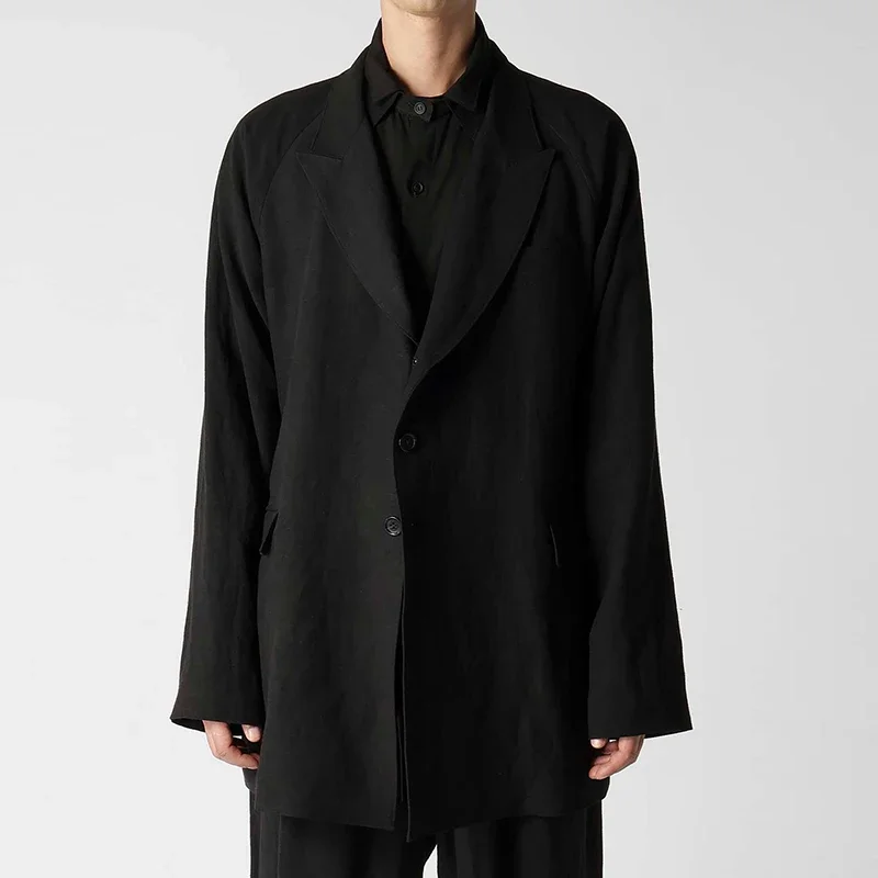 

YOJI OOAK original design single breasted coat Solid color pocket trench coat linen mixed with west collar all match coat trend