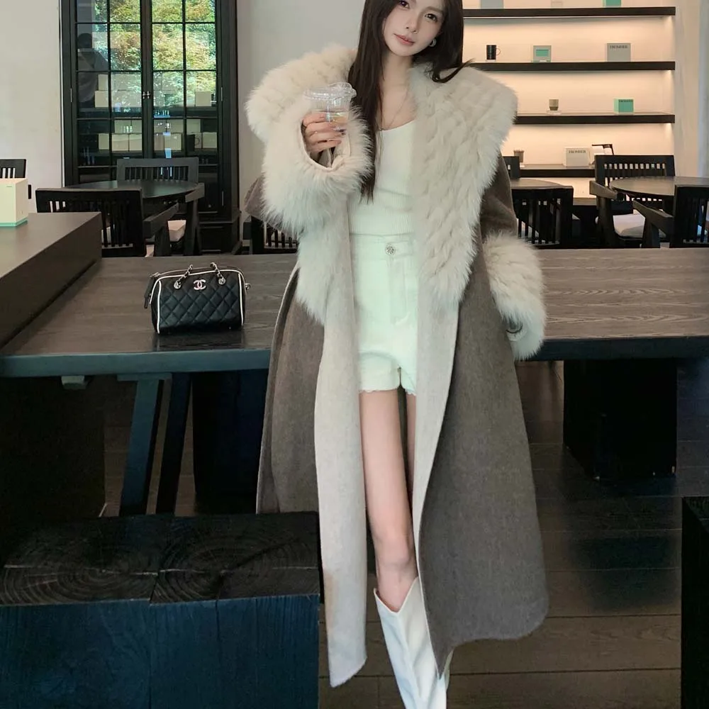معطف شتوي حقيقي لعام 2025 بياقة من فرو الثعلب الطبيعي معطف فرو من صوف الكشمير سترة صوفية للسيدات ملابس خارجية معطف نسائي #6