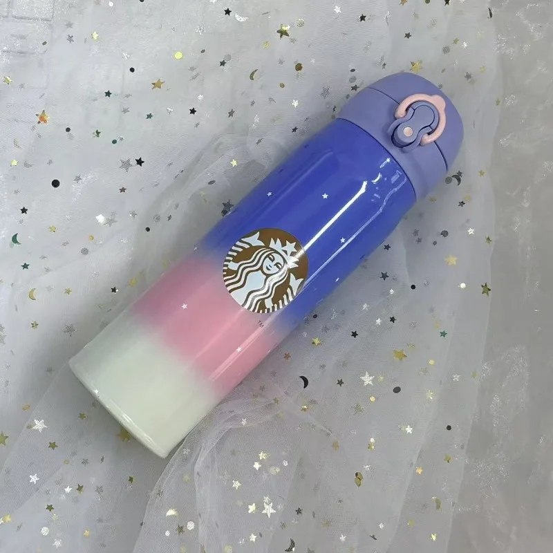 Garrafa Térmica Starbucks com Logo em Gradiente Roxo e Rosa, 500ml, Copo Térmico com Padrão de Estrelas