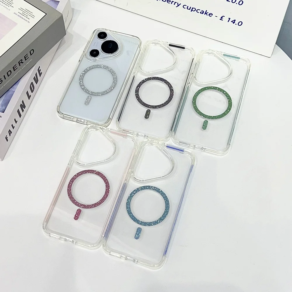 Shiny Sequins Magnetic Circle Phone Case For Huawei Pura 70 Mate 70 Pro Transparent Acrylic Back TPU Frame Cover