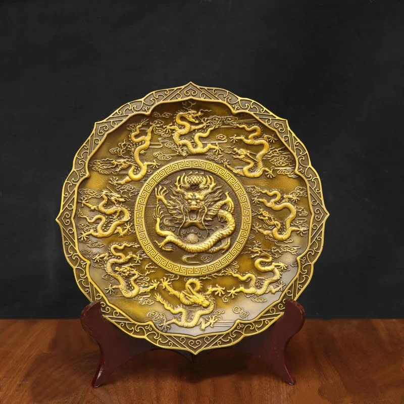 Chinese exquisite pure brass relief craftsmanship nine dragon plate decorative plate home desktop Chinese style decoration