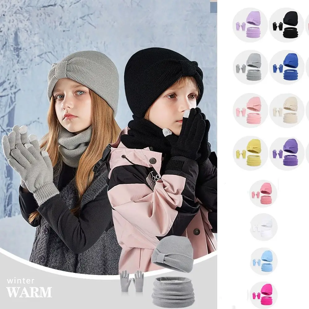 3Pcs/Set Solid Color Knitted Hats Windproof Warm Thicken Children Hat Scarfs Gloves Set Knitted Pompom Winter Beanie Children