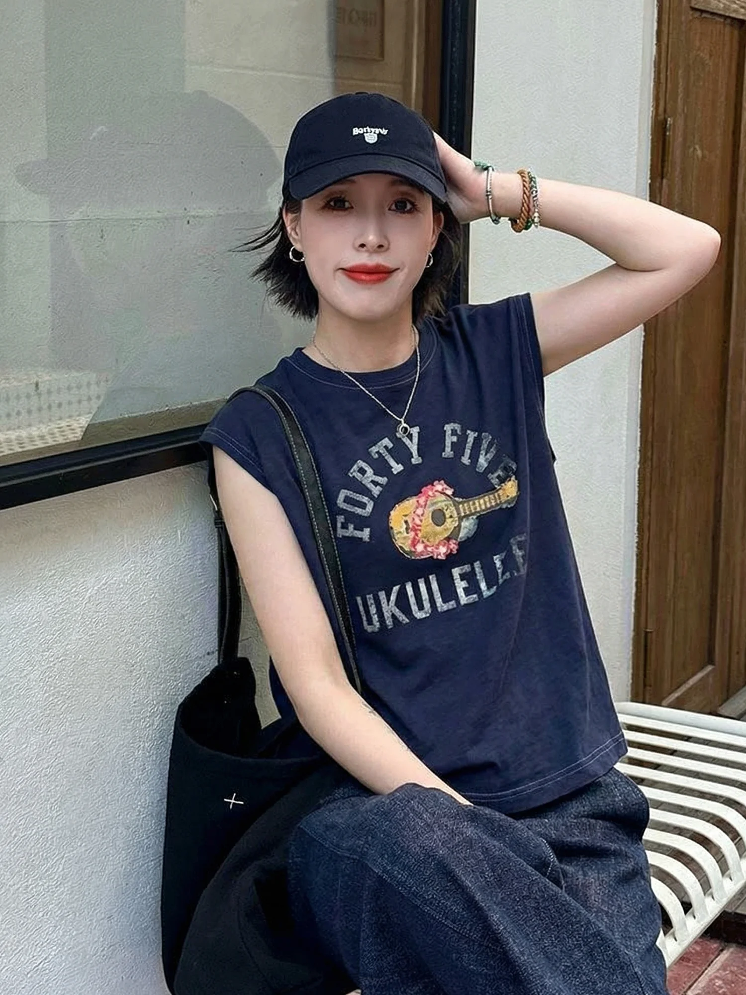 

Loose Pure Cotton American Print Sleeveless T-Shirt 2026 New Women Summer Outdoor Wear Shoulder Vest Top round Neck Line